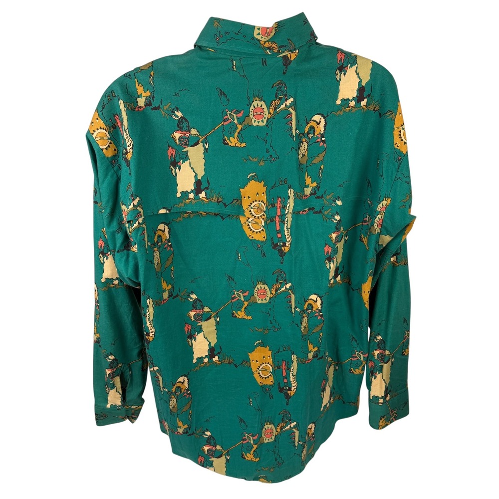 Panhandle Slim Men's Large Green Indigenous Warrior Print Western Shirt Made USA - Picture 4 of 10